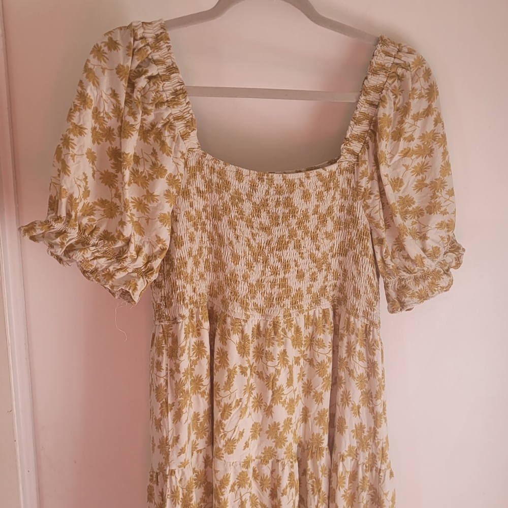Smocked Square-Neck Midi Dress in Mustard Floral